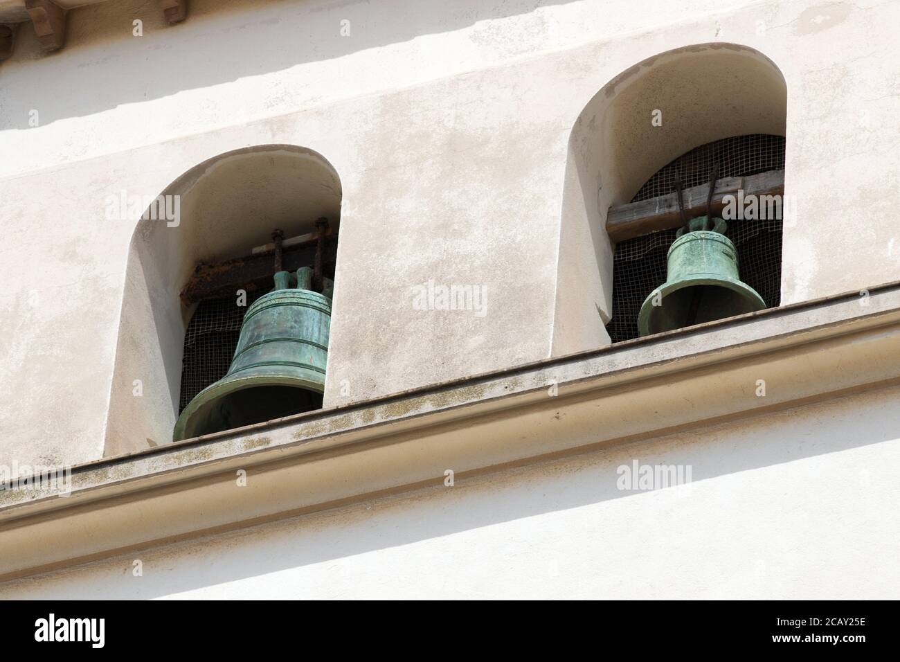 Glockenturm der Kirche von Sant Elm in (Parroquia de Sant Salvador de la Marina) Eivissa, Ibiza-Stadt, Balearen, Spanien Stockfoto