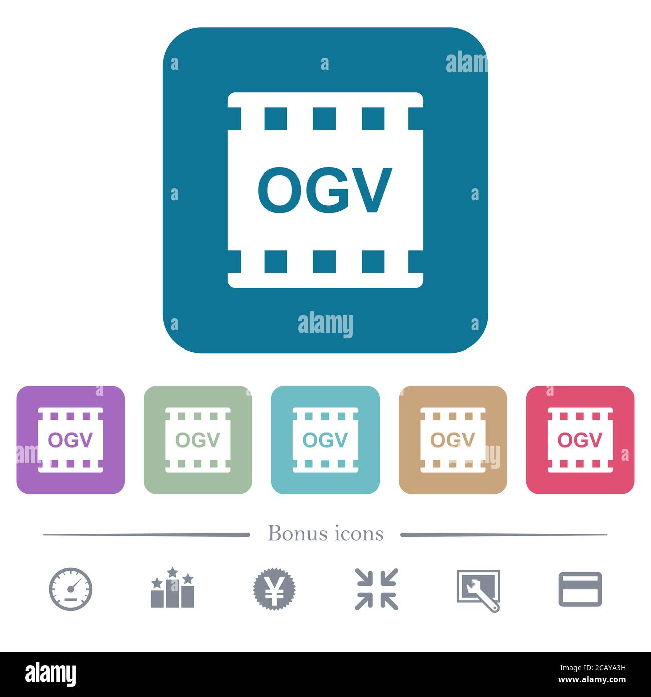 OGV Film-Format weiße flache Symbole auf Farbe abgerundeten quadratischen Hintergründen. 6 Bonus-Symbole enthalten Stock Vektor