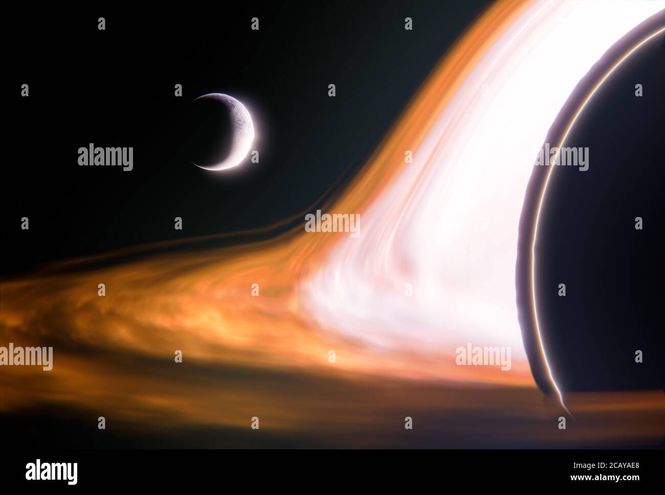 Planet wird in ein Schwarzes Loch im Weltraum gezogen - Nahaufnahme - 3D-Illustration Stockfoto