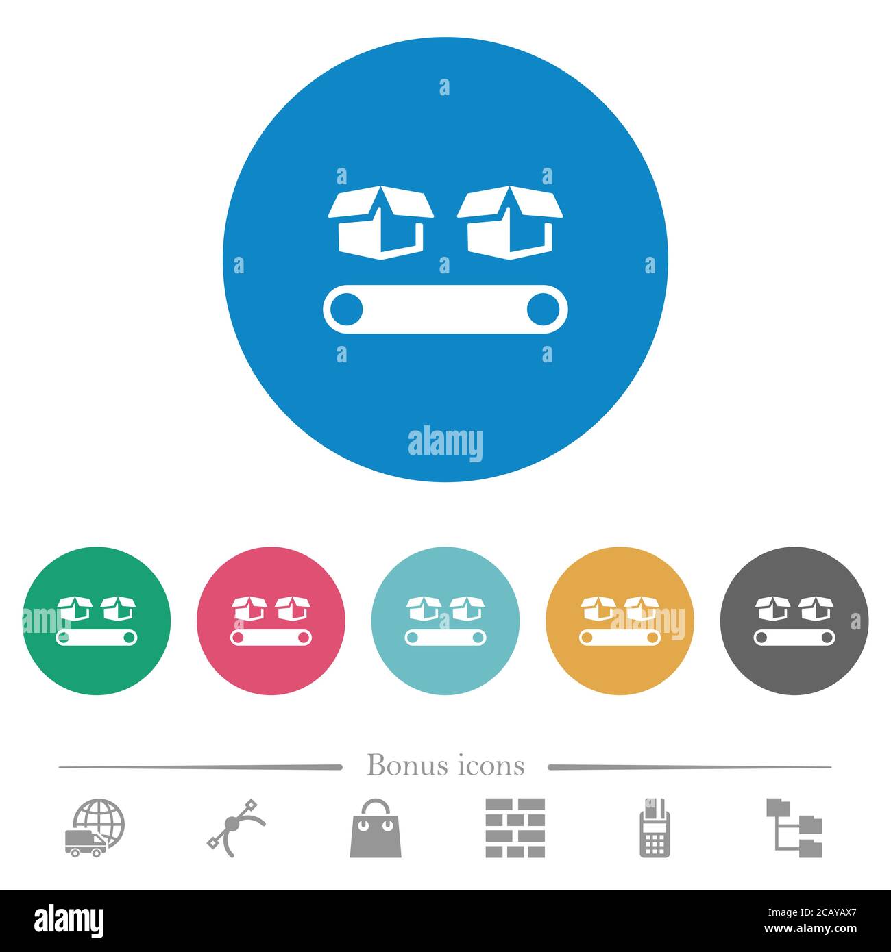 Förderer mit flachen weißen Symbolen auf runden Farbhintergründen. 6 Bonus-Symbole enthalten. Stock Vektor