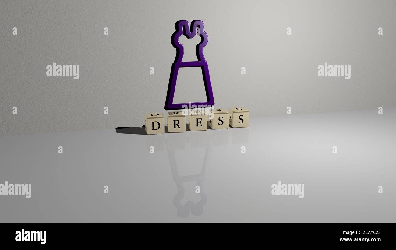 DRESS Text von Würfeln Buchstaben auf dem Boden und 3D-Symbol an der Wand. 3D-Illustration. Schön und Mädchen Stockfoto