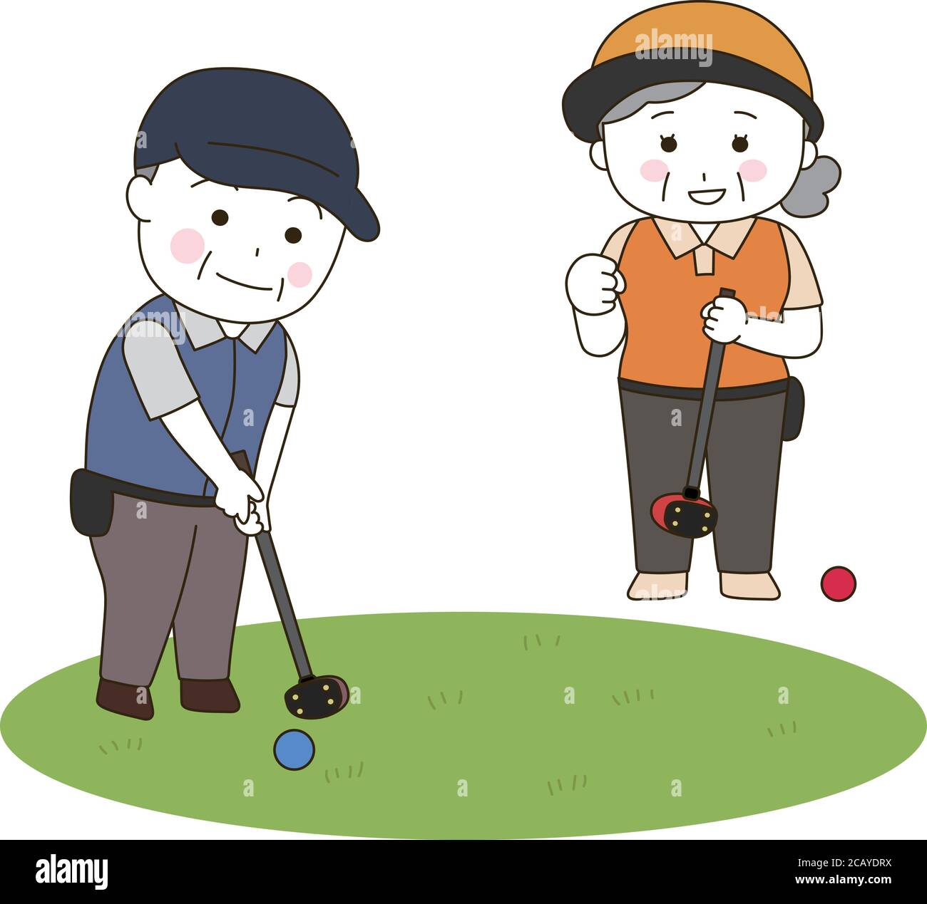 Ältere Männer und Frauen spielen einen Park Golf. Vektorgrafik isoliert auf weißem Hintergrund. Stock Vektor