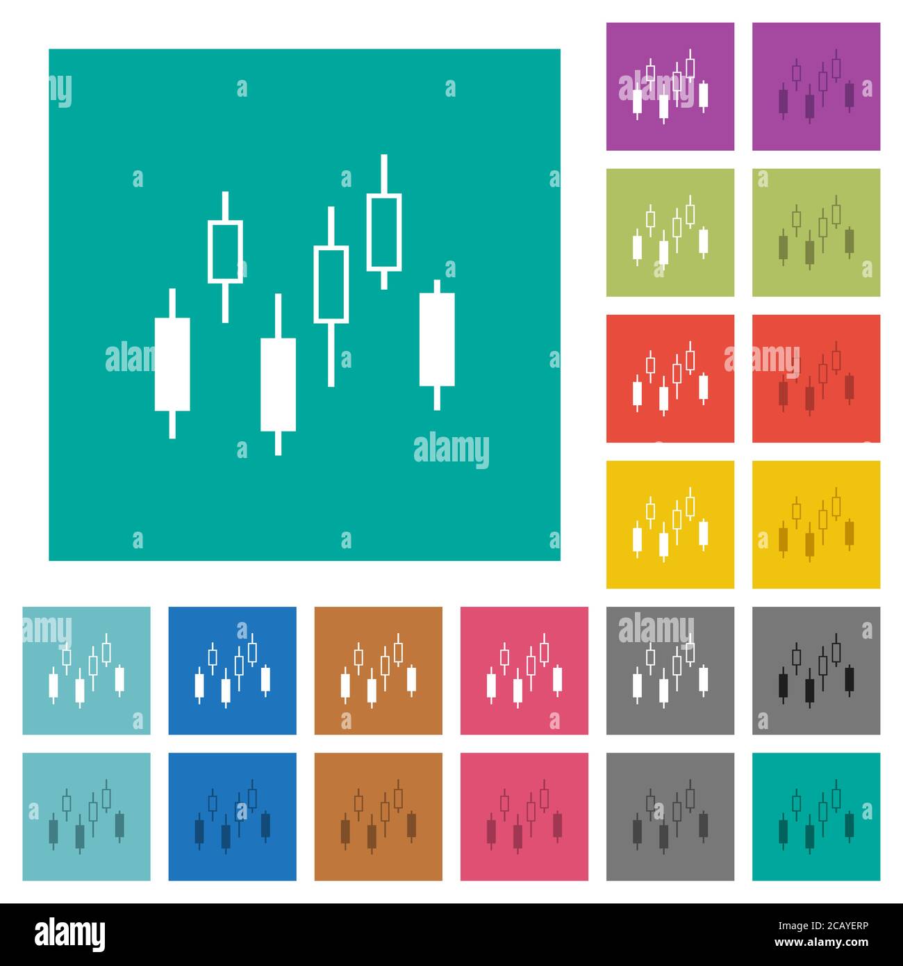 Candlestick Diagramm mehrfarbige flache Symbole auf einfachen quadratischen Hintergründen. Weiße und dunklere Symbolvarianten für schwebe- oder aktive Effekte. Stock Vektor