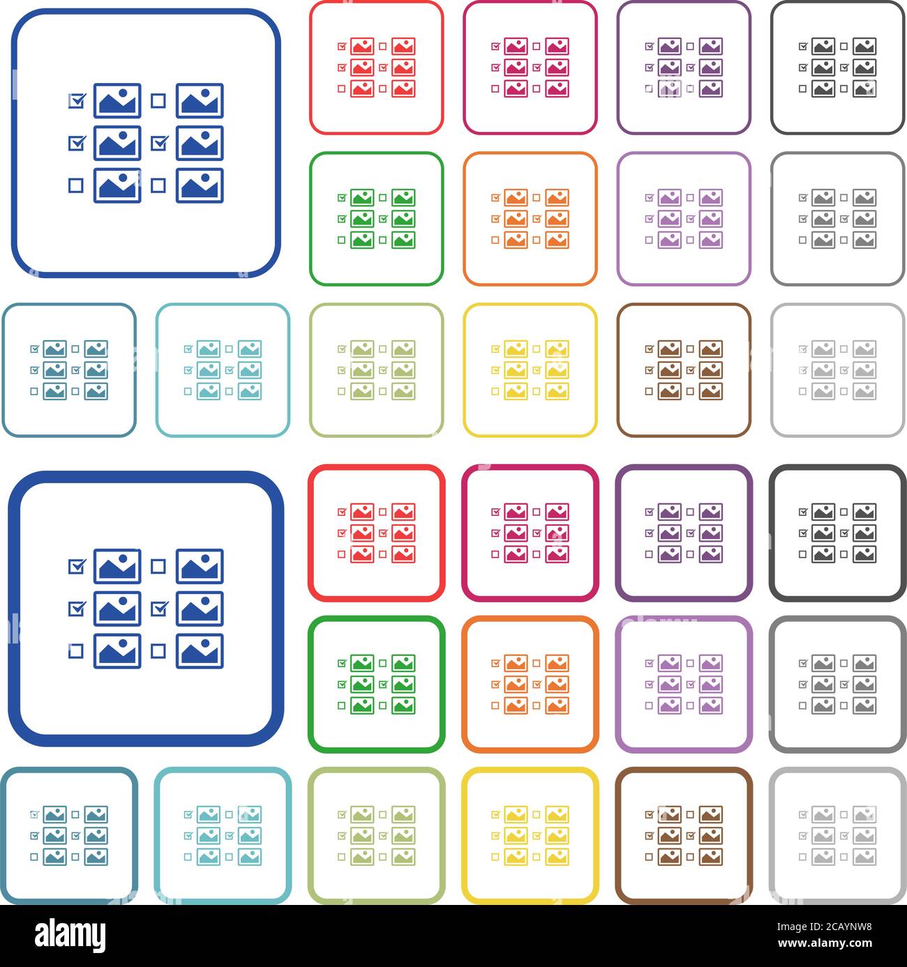 Mehrere Bildauswahl mit Kontrollkästchen Farbe flache Symbole in abgerundeten quadratischen Rahmen. Dünne und dicke Versionen im Lieferumfang enthalten. Stock Vektor