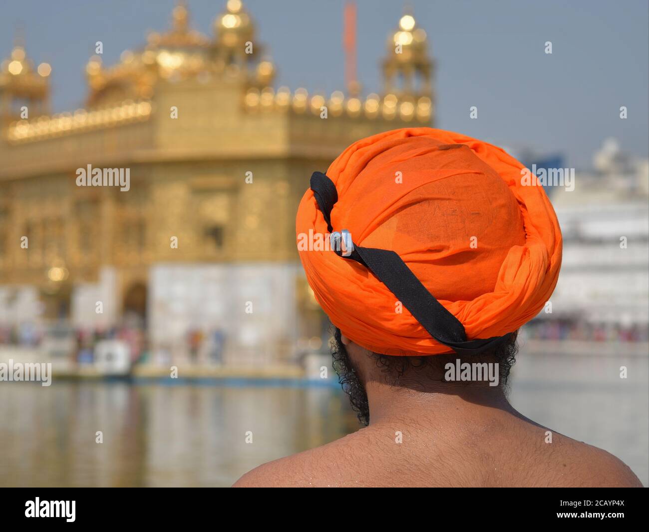 Indischer Sikh-Mann mit zeremoniellem Dolch (Kirpan) in seinem orangen Turban blickt auf den Goldenen Tempel im Hintergrund. Stockfoto