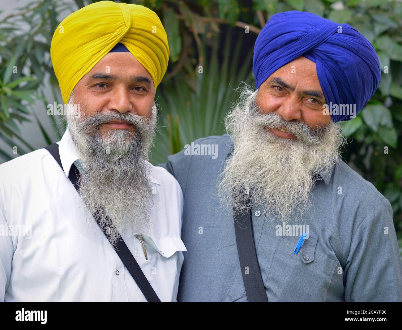 Zwei ältere indische Sikh-Männer mit bunten Turbanen posieren für die Kamera. Stockfoto