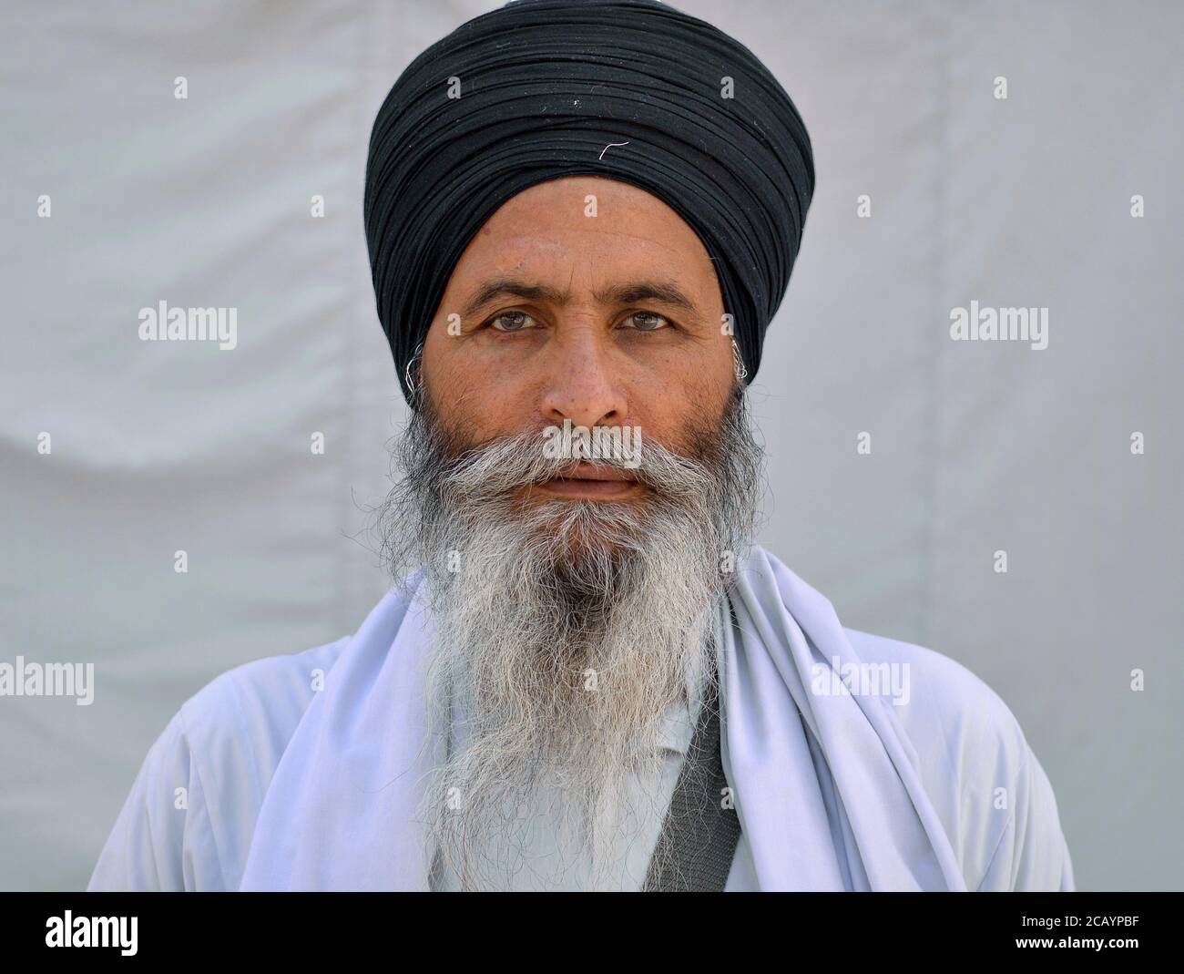 Mittelalter indischer Sikh-Anhänger mit schwarzem Turban (dastar) und langen Bartposen für die Kamera. Stockfoto