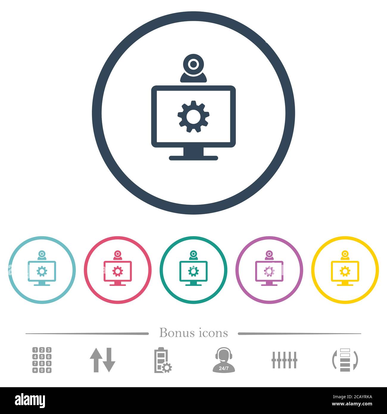 Webcam-Einstellungen flache Farbsymbole in runden Umrissen. 6 Bonus-Symbole enthalten. Stock Vektor