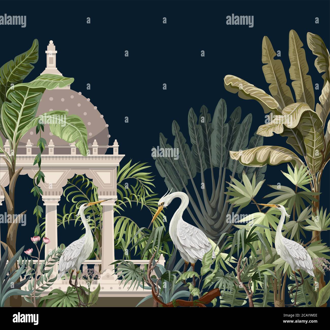 Grenze mit alten Dornen und Reiher im Dschungel. Vektor. Stock Vektor