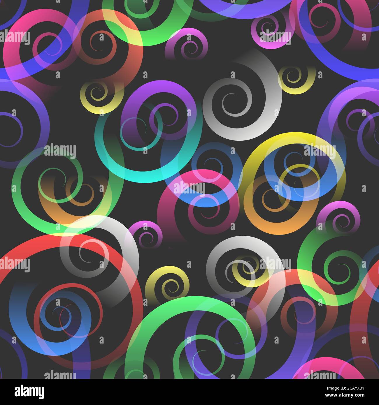 Nahtloses Muster mit farblich funkelnden Spiralwirbeln. Helle Vektor-Mode für Textil, Papier, Cover, Oberfläche, Tapete. Vektorgrafik. Stock Vektor