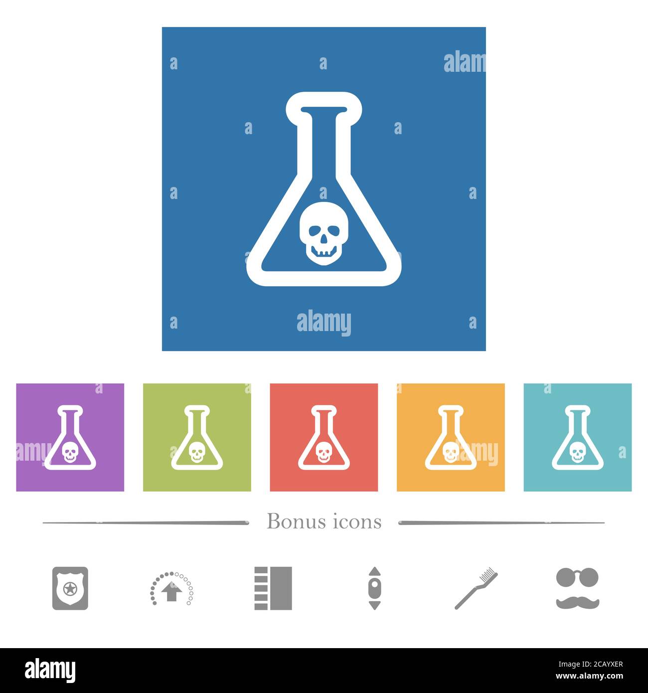 Gefährliche chemische Experiment flache weiße Symbole in quadratischen Hintergründen. 6 Bonus-Symbole enthalten. Stock Vektor