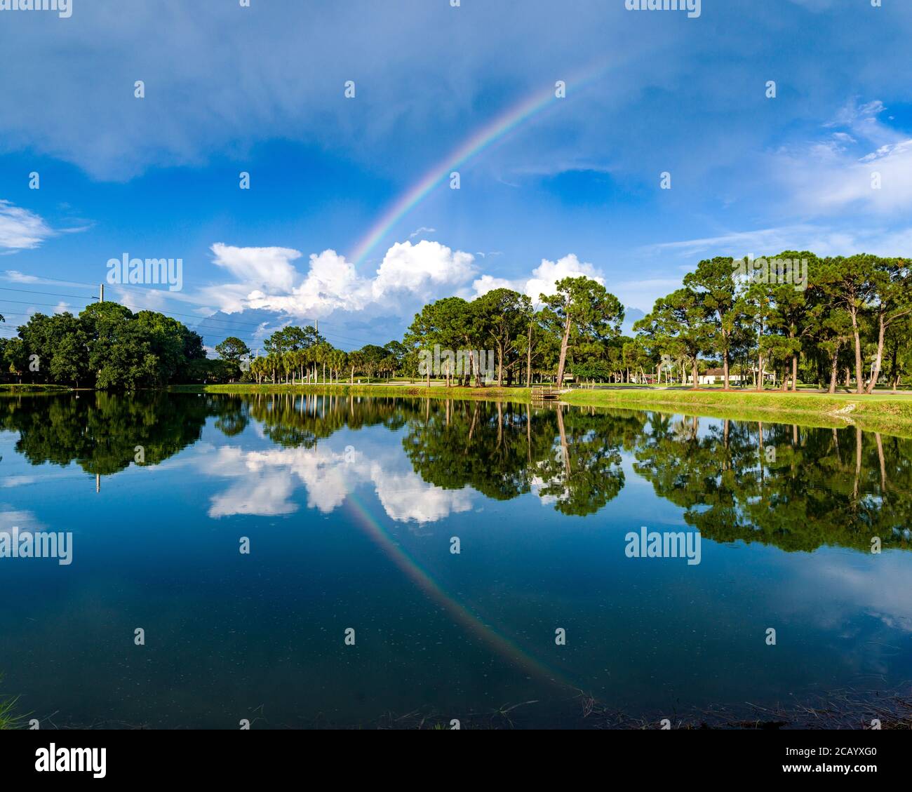 Sarasota, USA, 8. August 2020. Ein Regenbogen und Bäume spiegeln sich in einem Teich in den Meadows, Sarasota, Florida. Kredit: Enrique Shore/Alamy Stock Foto Stockfoto