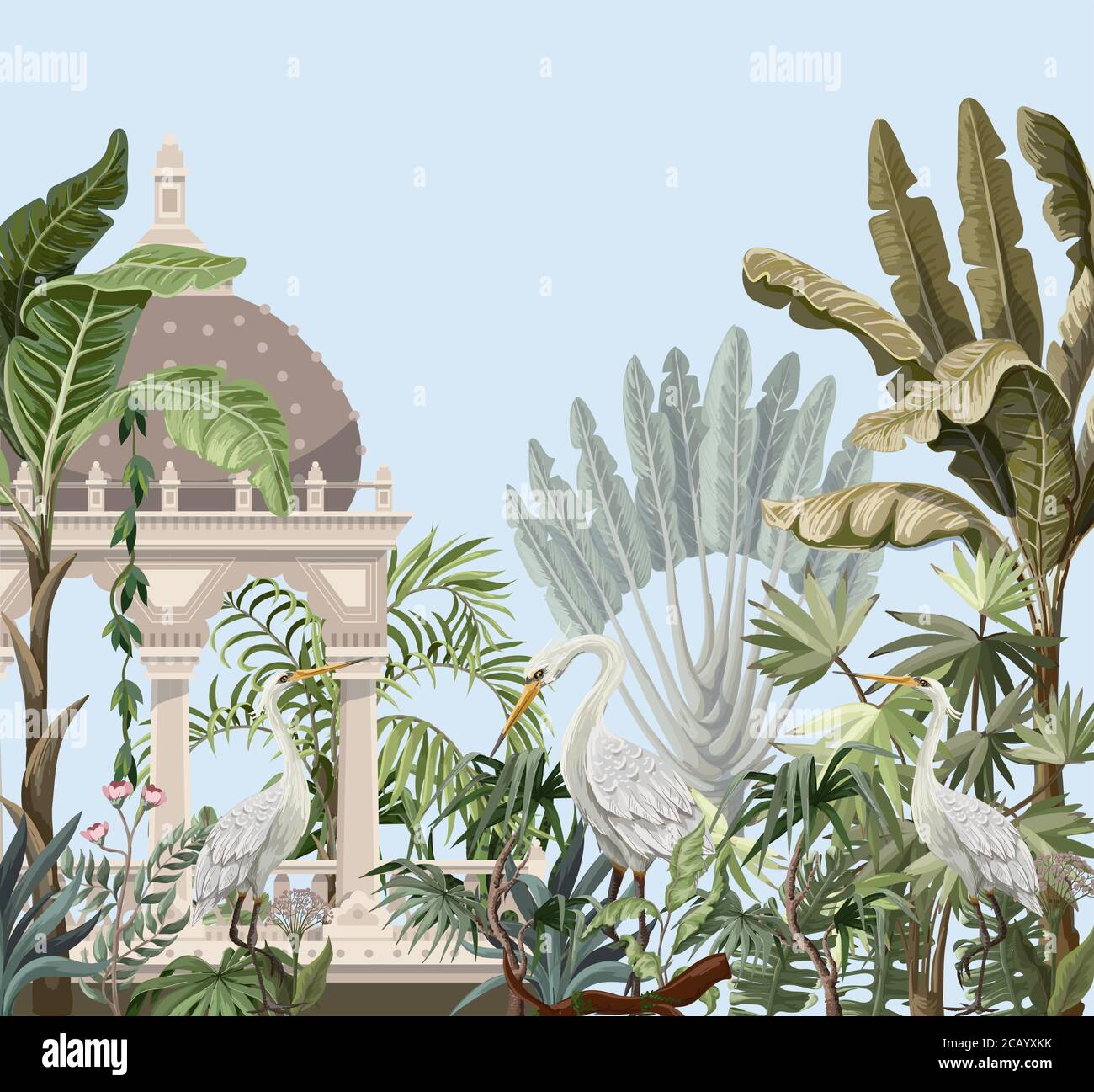 Grenze mit alten Dornen und Reiher im Dschungel. Vektor. Stock Vektor