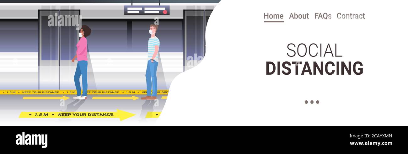 Mischen Rennen U-Bahn-Passagiere in Schutzmasken halten Abstand zu Verhindern Coronavirus im öffentlichen Verkehr soziale Distanzierung Konzept horizontal voll Vektorgrafik für Länge und Kopiespeicherplatz Stock Vektor