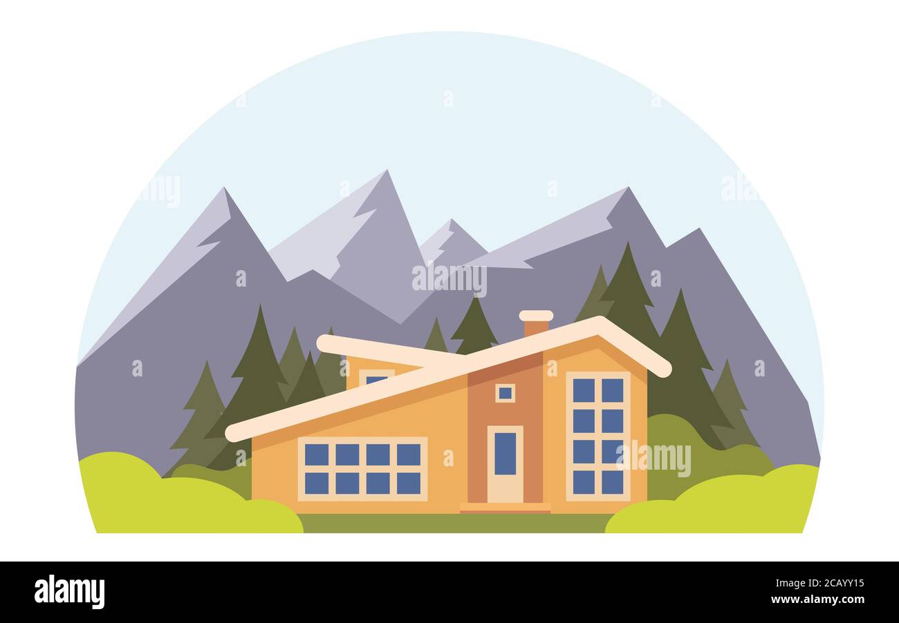 Berglandschaft mit großem Haus für Touristen. Sommerurlaub in den Bergen, Ferienwohnungen. Chalet, Holzhaus, Öko-Haus. Vektorgrafik flach illustrat Stock Vektor