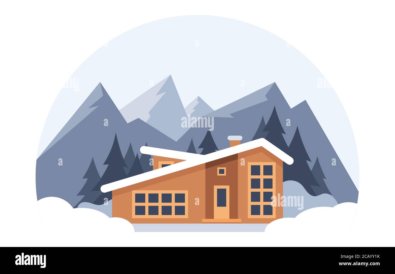 Winter Berglandschaft mit großem Haus für Touristen. Winterurlaub in den Bergen, Skigebiete, Ferienwohnungen. Vektorgrafik flach Stock Vektor