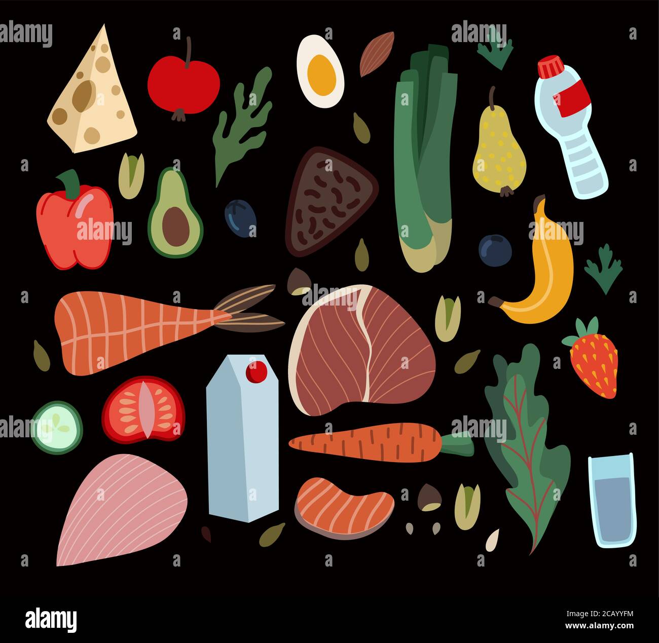 Set von gesunden Lebensmitteln wie Mahlzeiten, Gemüse und Obst. Vektor Cartoon flache Illustration. Stock Vektor