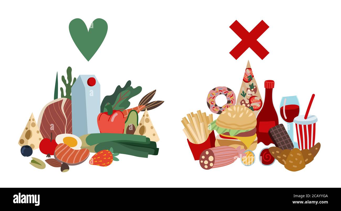 Vergleich von gesunden Lebensmitteln und Fast Food. Vektor Cartoon flache Illustration. Stock Vektor