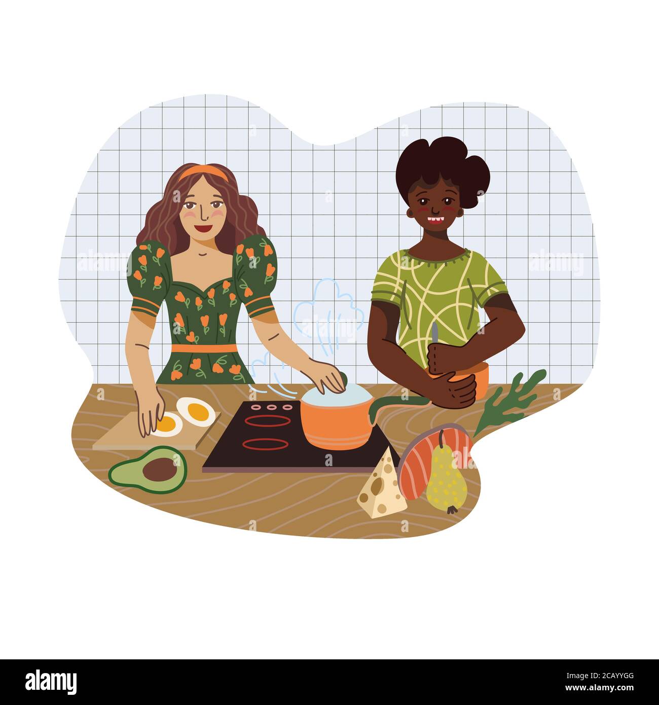 Junge Menschen bereiten in der Küche aus gesunden Lebensmitteln zu. Vektor Cartoon flache Illustration. Stock Vektor