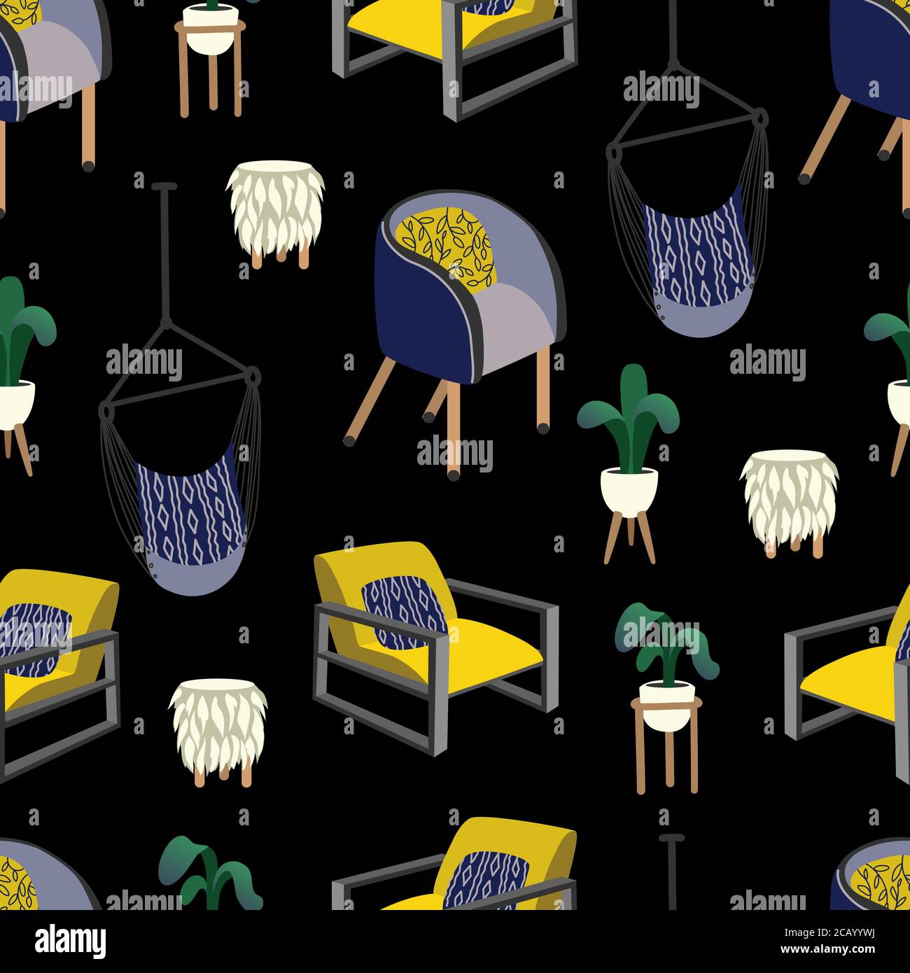 Nahtloses Muster mit Innenelementen, Sesseln, Stühlen, Tischen und anderen Elementen. Vektor Cartoon flache Illustration. Stock Vektor