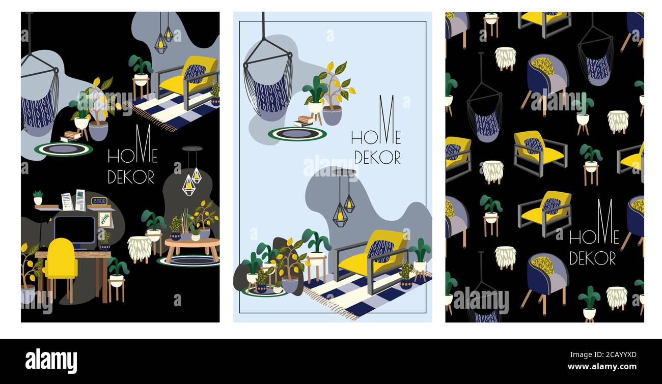 Banner oder Karte mit Innenelementen für Wohnkultur. Vektorgrafik flach. Stock Vektor