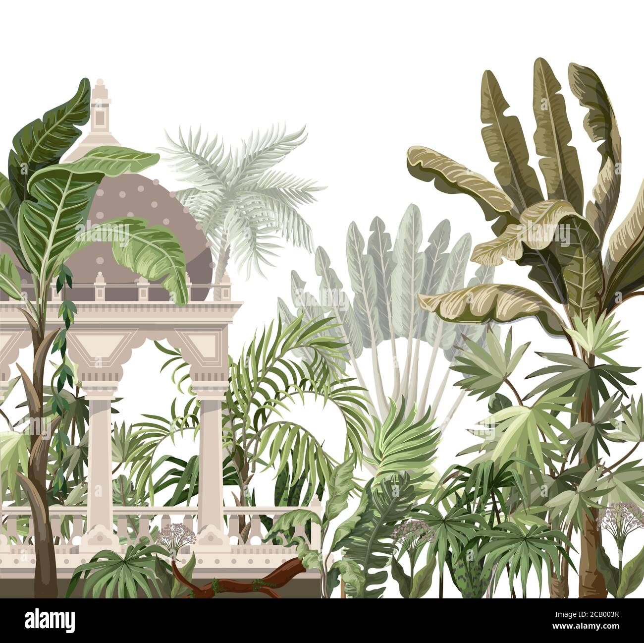 Grenze mit Dschungelbäumen und alten Burg. Vektor. Stock Vektor