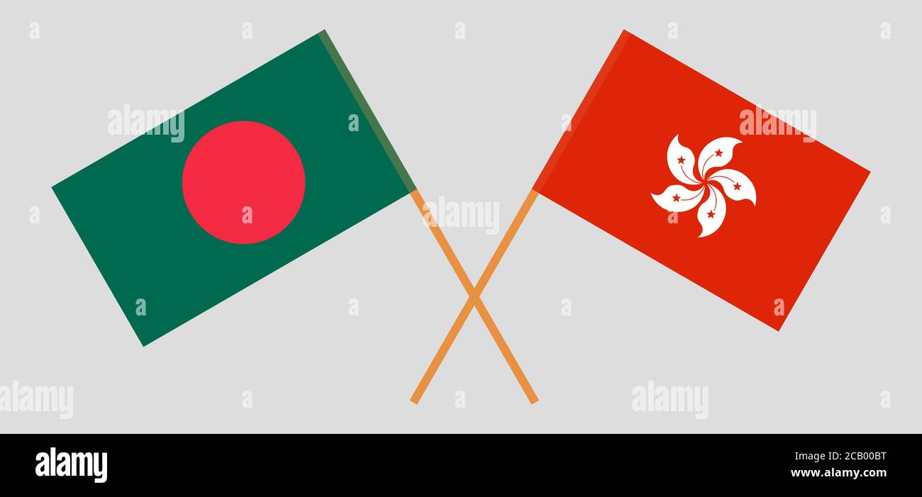Gekreuzte Flaggen von Bangladesch und Hongkong. Offizielle Farben. Korrektes Verhältnis. Vektorgrafik Stock Vektor