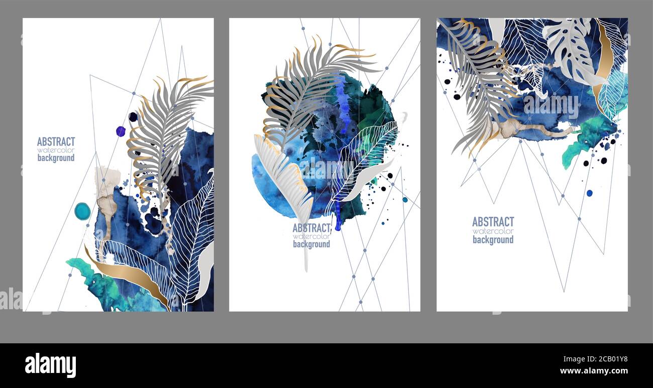 Abstrakte Aquarellbanner mit Blots und tropischen Blättern. Vektor. Stock Vektor