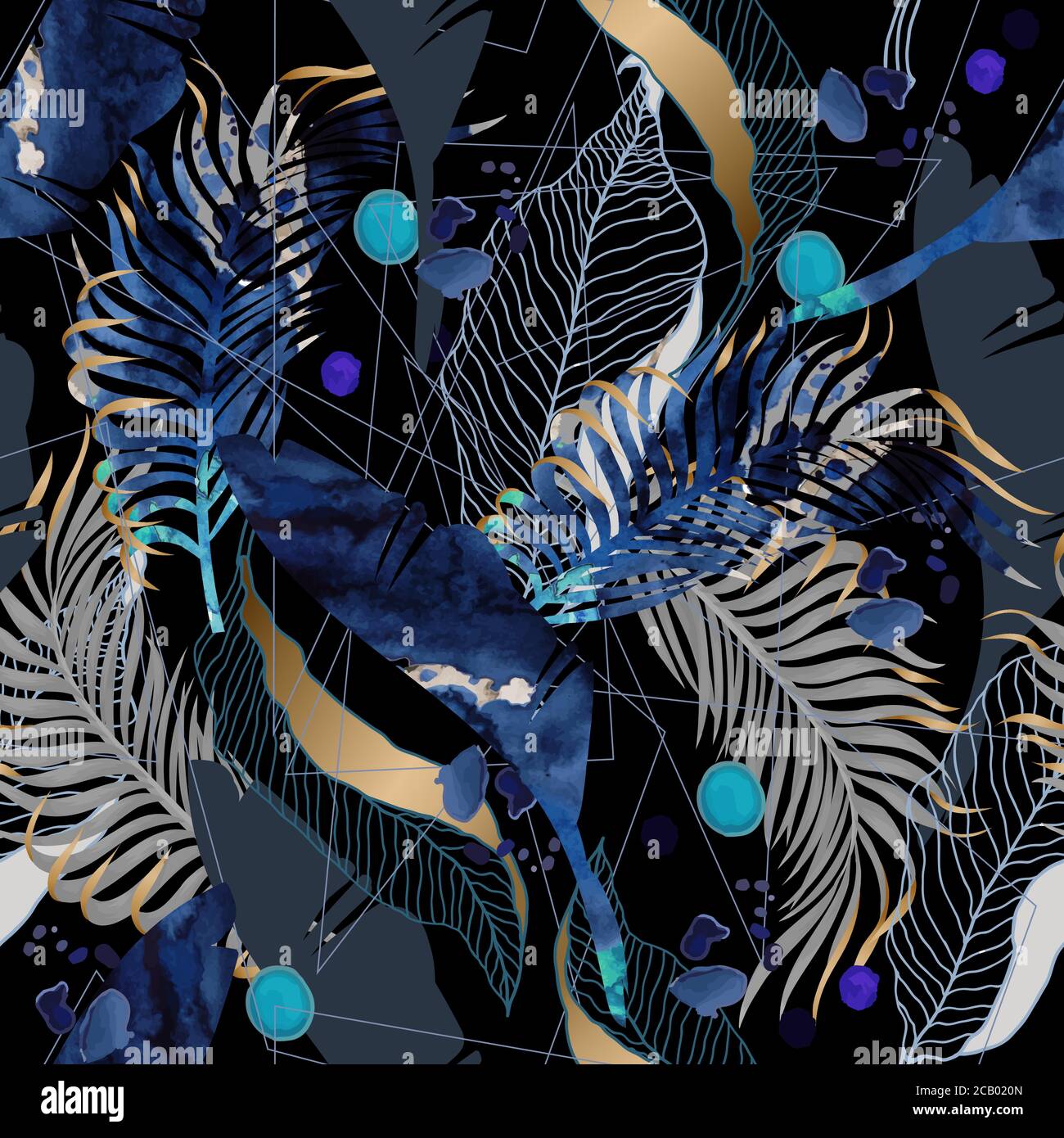 Nahtloses Muster mit Aquarell-Blots und tropischen Blättern. Vektor. Stock Vektor