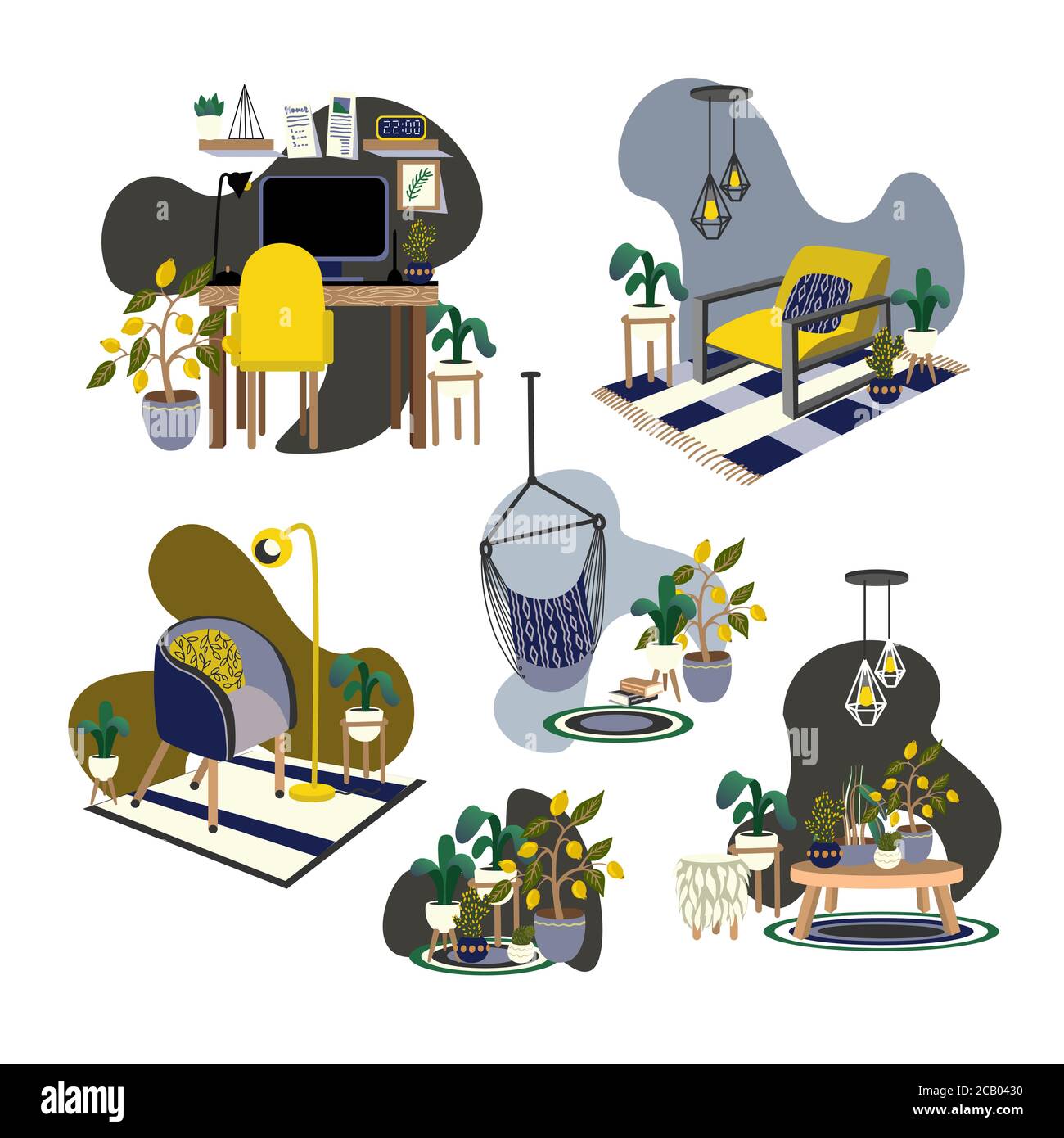 Interior Elemente, Sessel, Stühle, Tische und andere. Vektor Cartoon flache Illustration. Stock Vektor