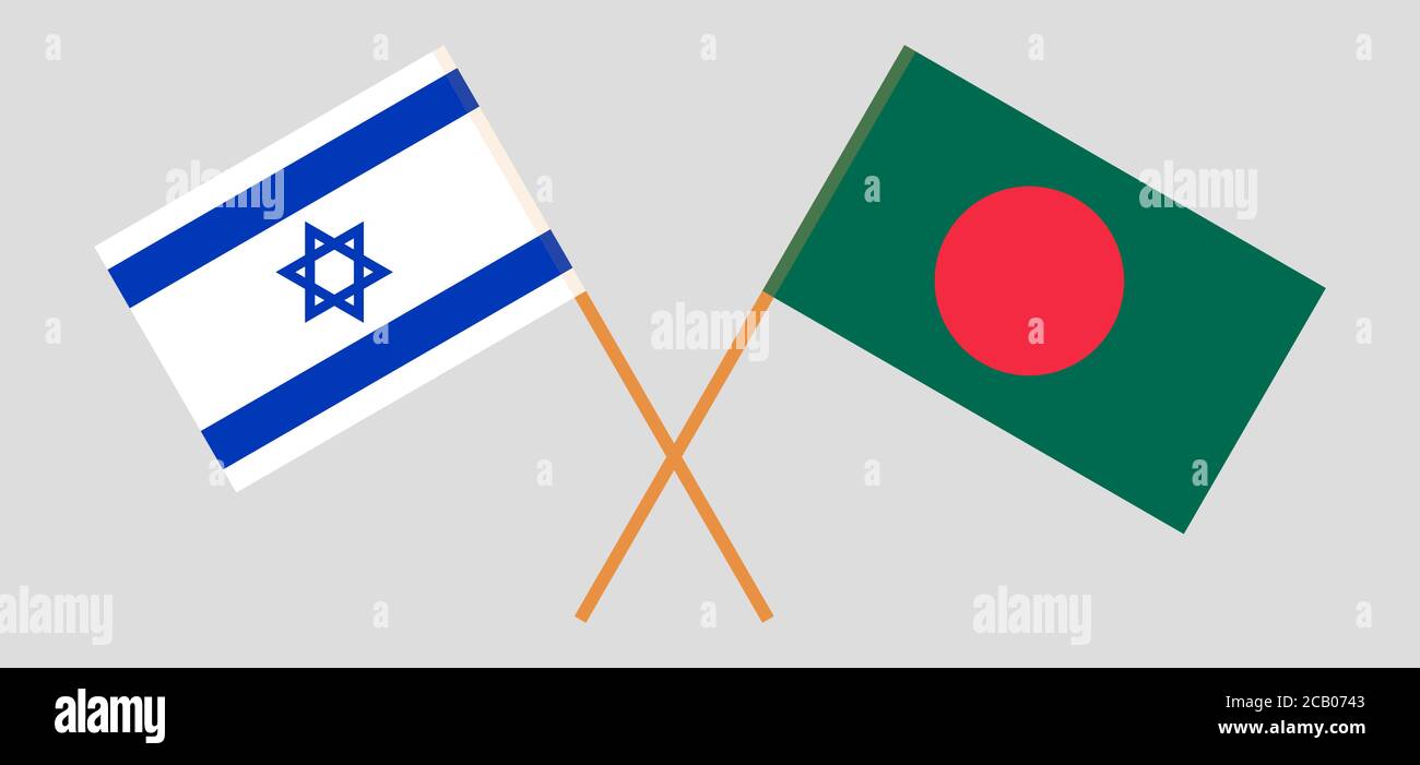 Gekreuzte Flaggen von Bangladesch und Israel. Offizielle Farben. Korrektes Verhältnis. Vektorgrafik Stock Vektor