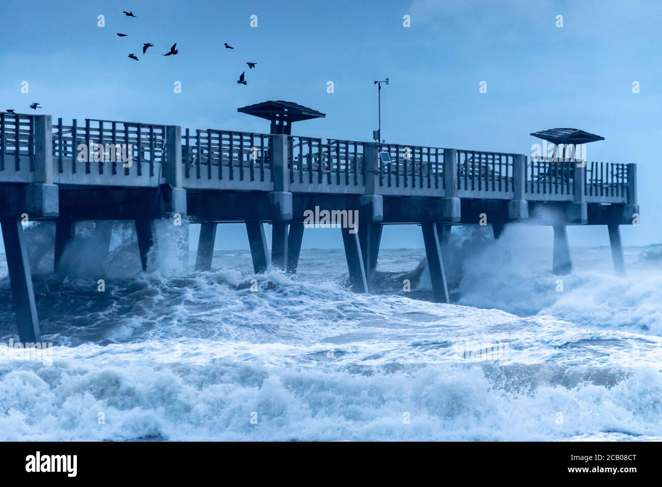 Große Wellen stürzen in die Pier Pilings am Jacksonville Beach, als Tropical Storm Isaias an der Nordost-Florida-Küste vorbeikommt. (USA) Stockfoto