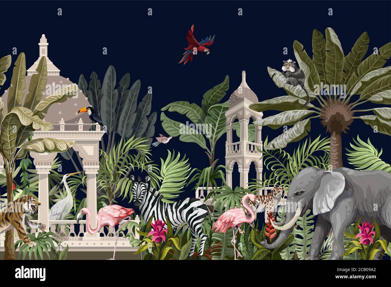 Grenze mit alten Laube und wilden Tieren im Dschungel. Vektor Stock Vektor