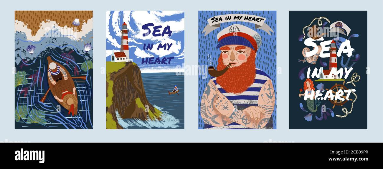 Set von Karten mit dem Meer. Seemann, Leuchtturm, Bootsfahrt und maritime Gegenstände. Vektor flache Cartoon-Illustration. Stock Vektor