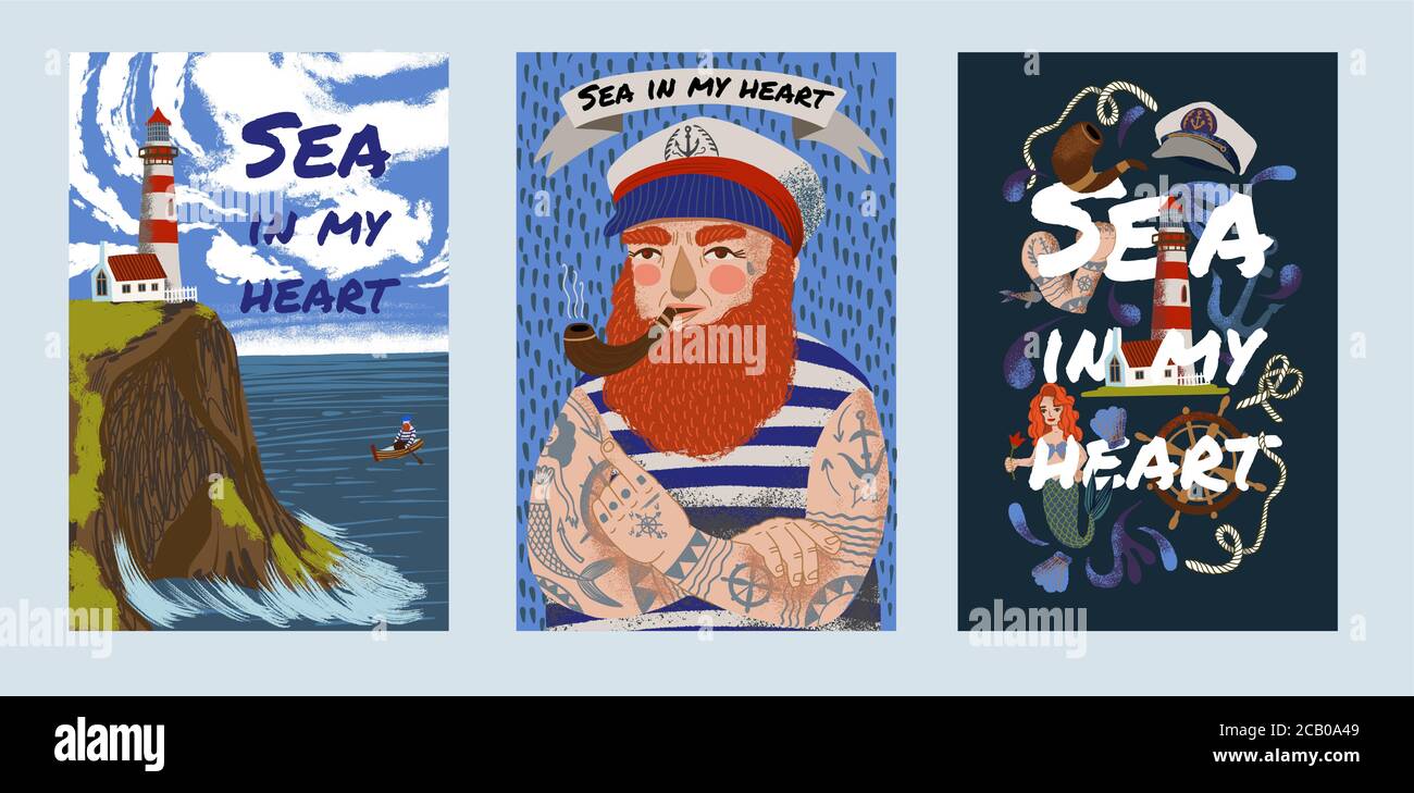 Drei Bilder, in denen sich ein Seemann, eine Meerjungfrau und ein Leuchtturm auf einem felsigen Steilufer befinden. Der Mann im Boot, das Steuer des Schiffes, und das Meer hinein Stock Vektor