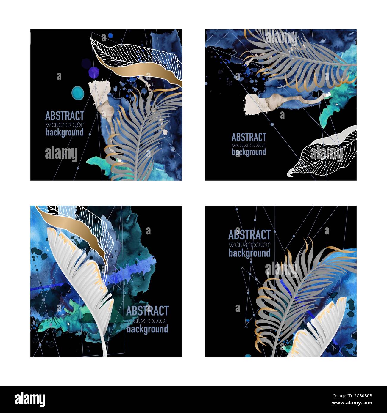 Abstrakte Aquarellbanner mit Blots und tropischen Blättern. Vektor. Stock Vektor