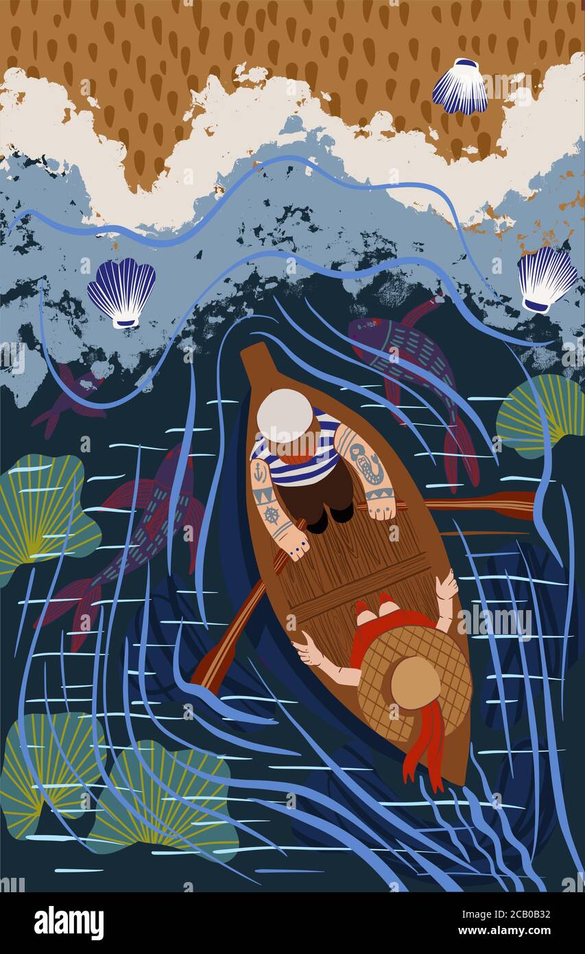 Seemann segelt in einem Boot auf dem Meer. Bootsfahrt. Blick von oben. Flache Cartoon-Vektor-Illustration. Stock Vektor