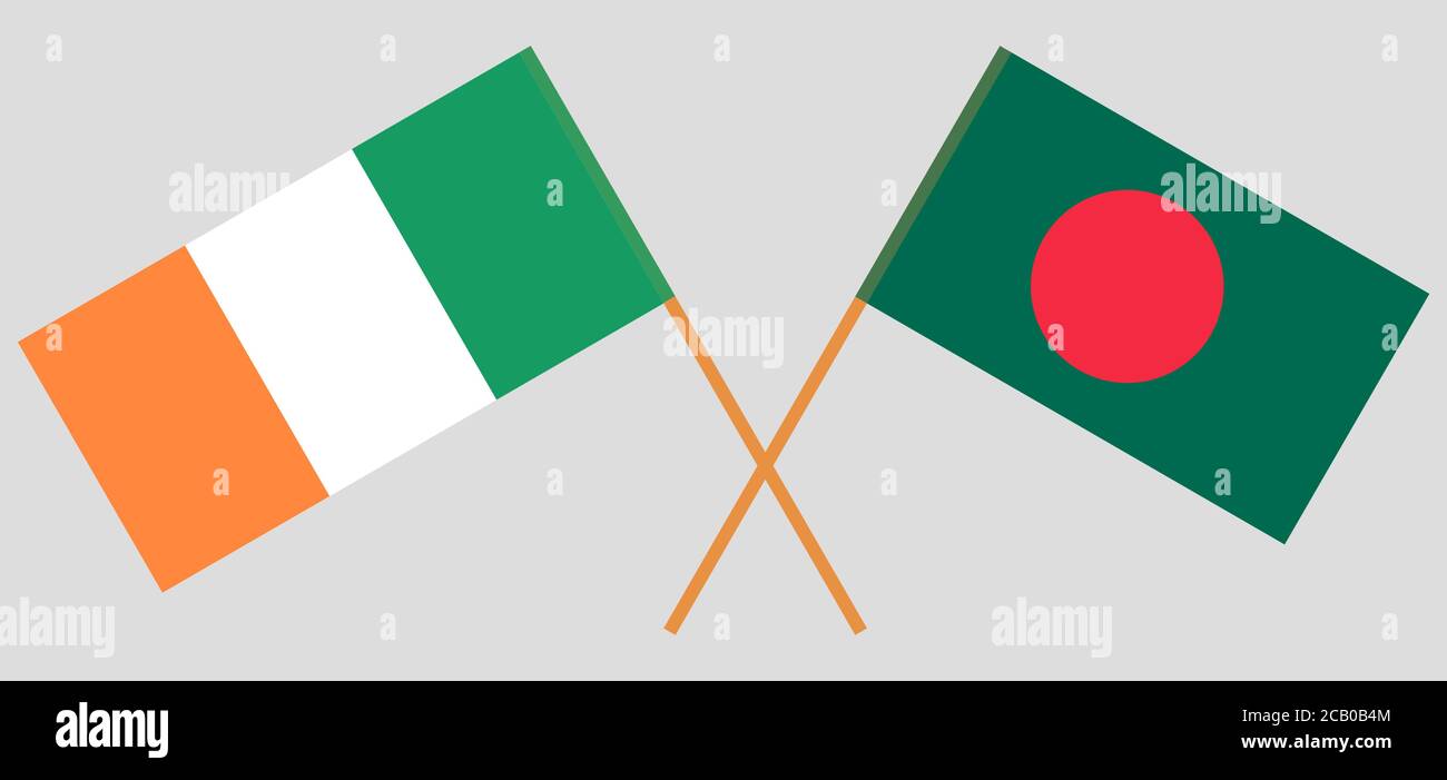 Gekreuzte Flaggen von Bangladesch und Irland. Offizielle Farben. Korrektes Verhältnis. Vektorgrafik Stock Vektor