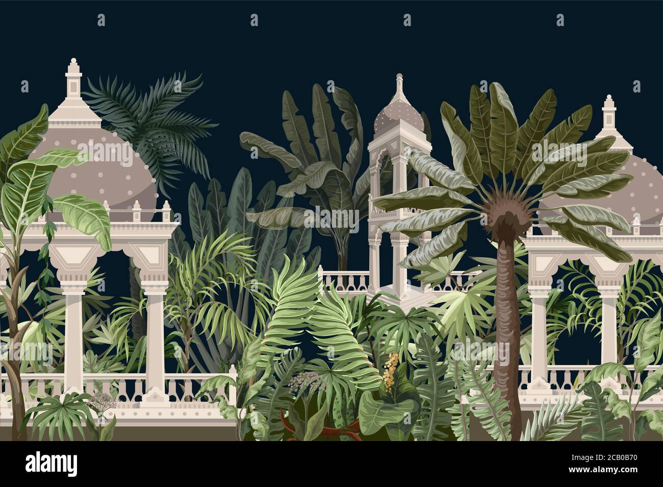 Grenze mit Dschungelbäumen und alten Burg. Vektor. Stock Vektor