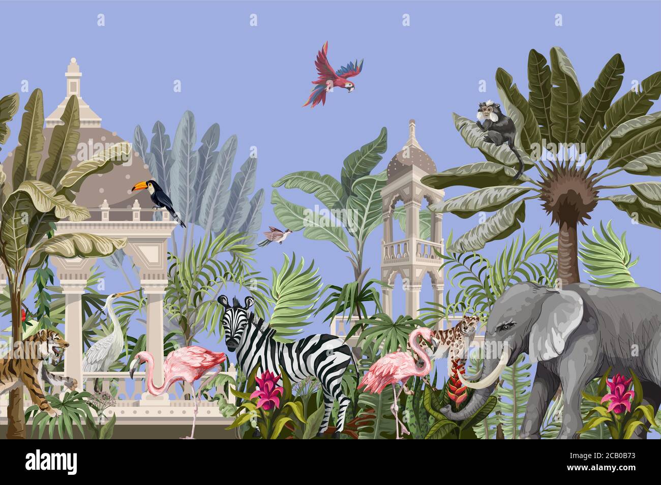 Grenze mit alten Laube und wilden Tieren im Dschungel. Vektor Stock Vektor