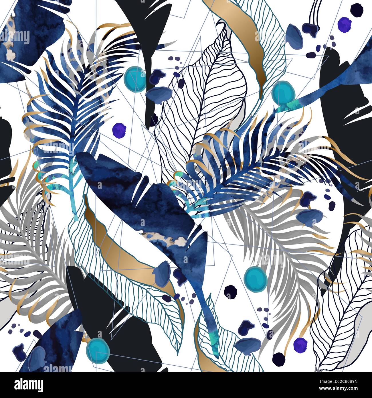 Nahtloses Muster mit Aquarell-Blots und tropischen Blättern. Vektor. Stock Vektor