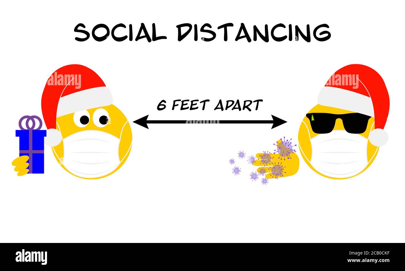 Soziale Distanzierung Weihnachten emoji, Coronavirus, covid 19, zwei emoji 6 Fuß auseinander Text. Weihnachten 2020 das neue normale Konzept der Pandemie Stockfoto