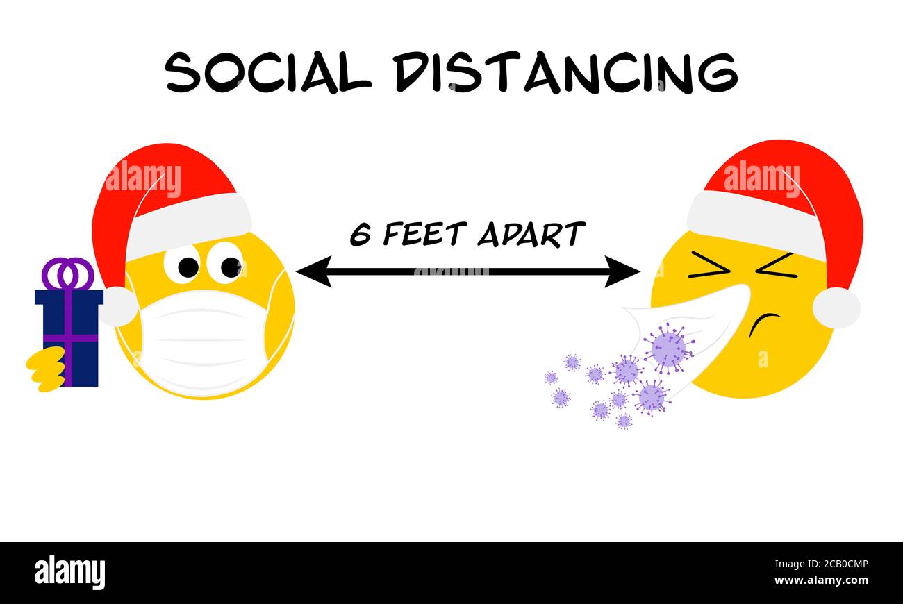 Soziale Distanzierung Weihnachten emoji, Coronavirus, covid 19, zwei emoji 6 Fuß auseinander Text. Weihnachten 2020 das neue normale Konzept der Pandemie Stockfoto