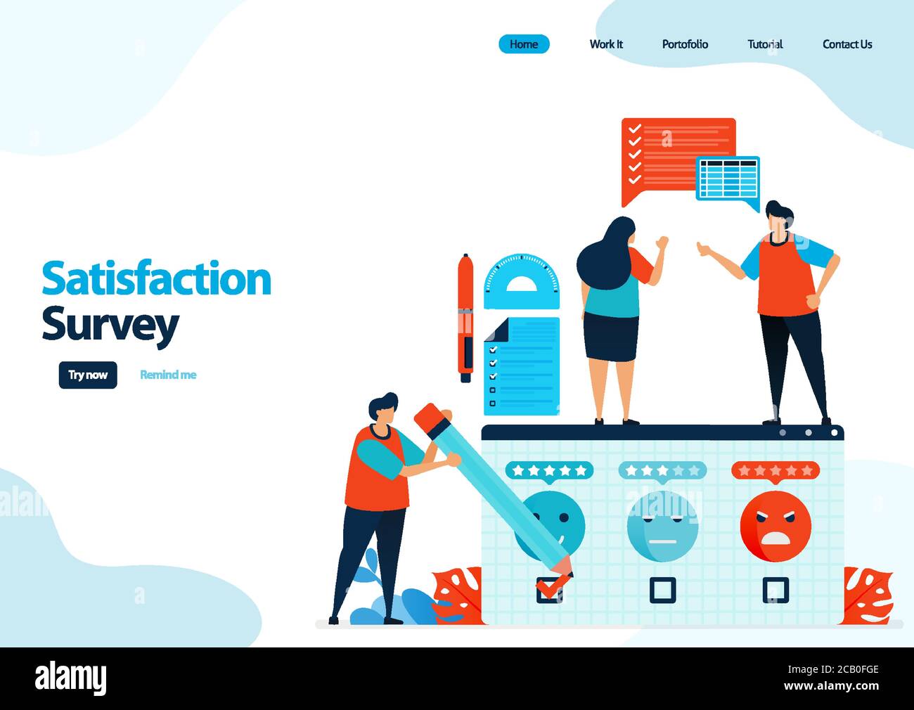 Landing-Page-Vorlage von Emoticon Zufriedenheitsumfragen. Geben Sie Bewertung und Sterne für Apps Dienste. Gutes Feedback mit Emoticons. Illustration für Banner Stock Vektor