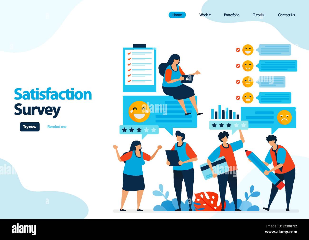 Landing-Page-Vorlage von Emoticon Zufriedenheitsumfragen. Geben Sie Bewertung und Sterne für Apps Dienste. Gutes Feedback mit Emoticons. Illustration für Banner Stock Vektor