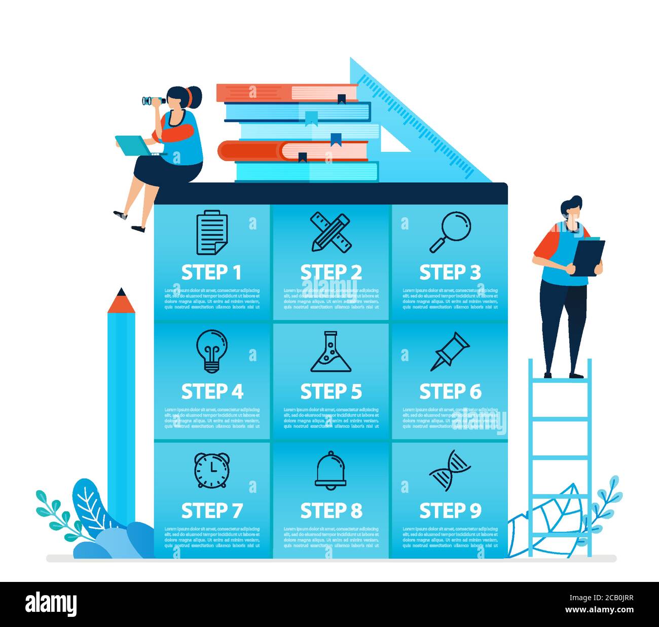 Menschliche Illustration und Infografik Design für Business-Optionen, Schritte im Lernen, Bildungsprozesse. Flat Vector für Landing Page, Web, Website, BA Stock Vektor