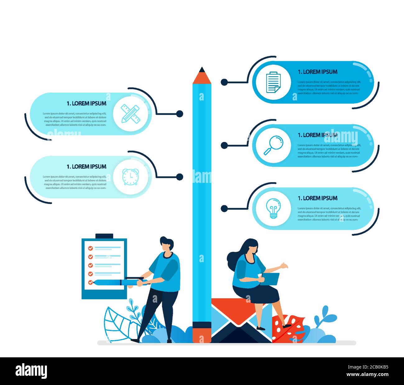 Menschliche Illustration und Infografik Design für Business-Optionen, Schritte im Lernen, Bildungsprozesse. Flat Vector für Landing Page, Web, Website, BA Stock Vektor