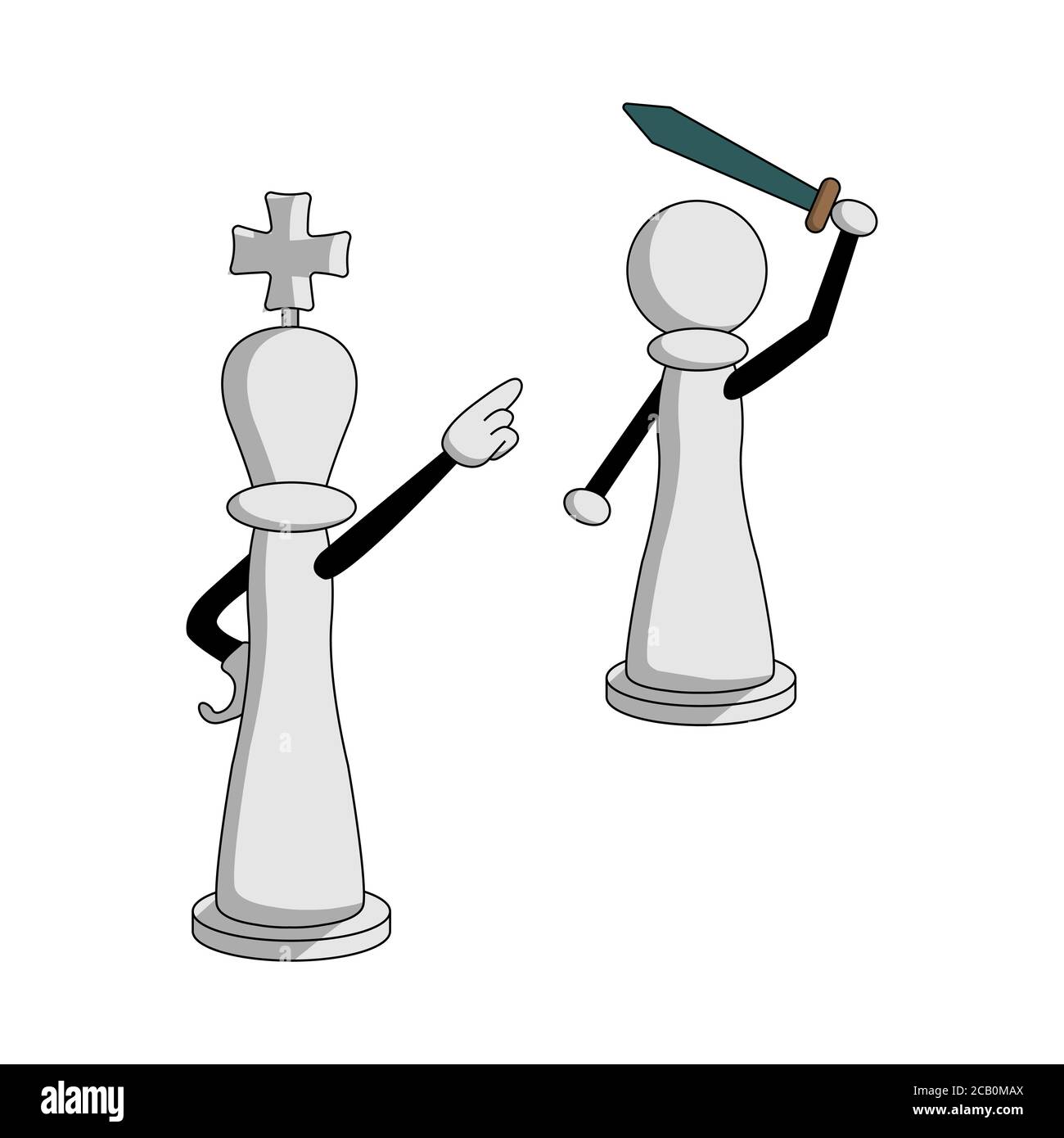 Cartoon weiße Schachfiguren. Die Königin schickt einen Bauer mit einem Schwert in den Kampf. Isolierte Vektor-Illustration Stock Vektor