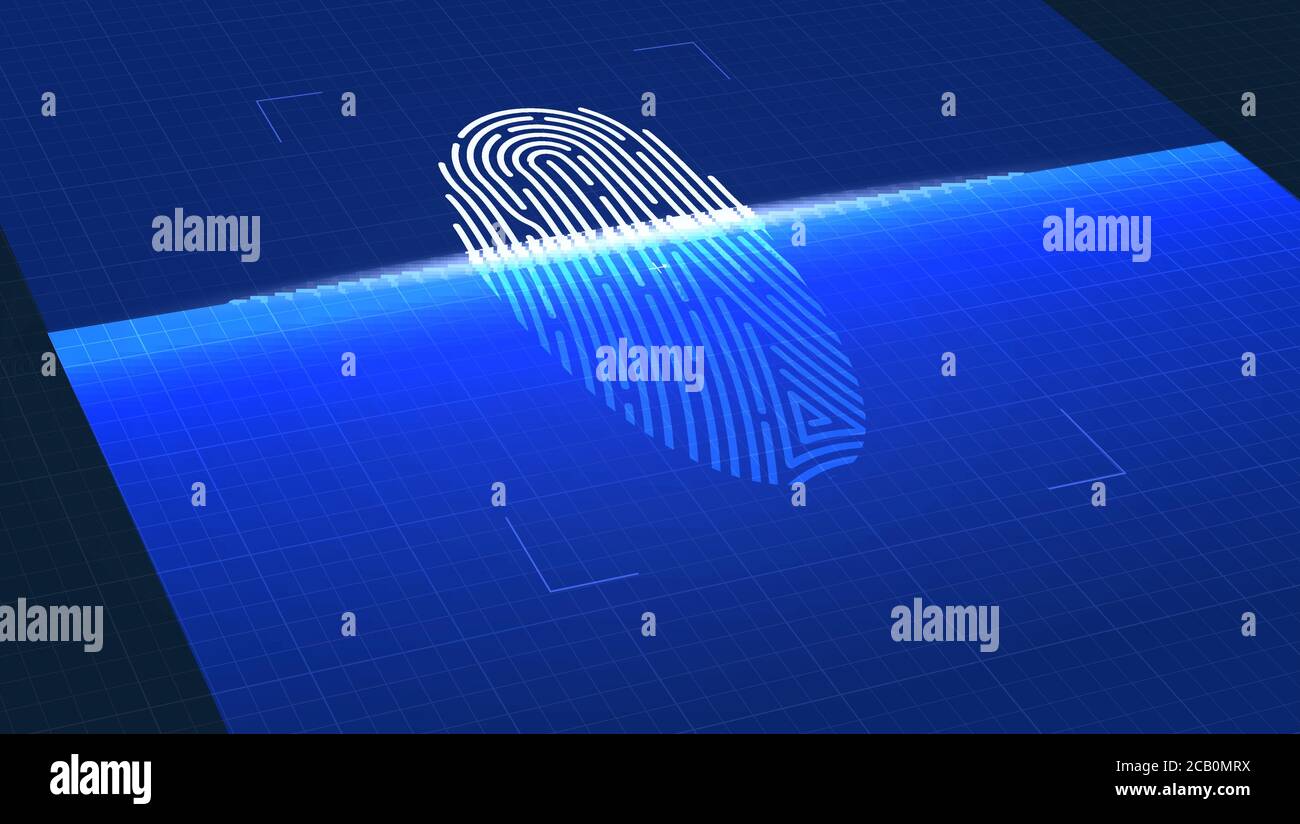 Fingerabdruck-Scan. Biometrische Sicherheitszugangsidentifikation. Digitale Steuerung. Konzept von Sicherheit und Identität per Fingerabdruck. Vektor-3d-Illustration Stock Vektor