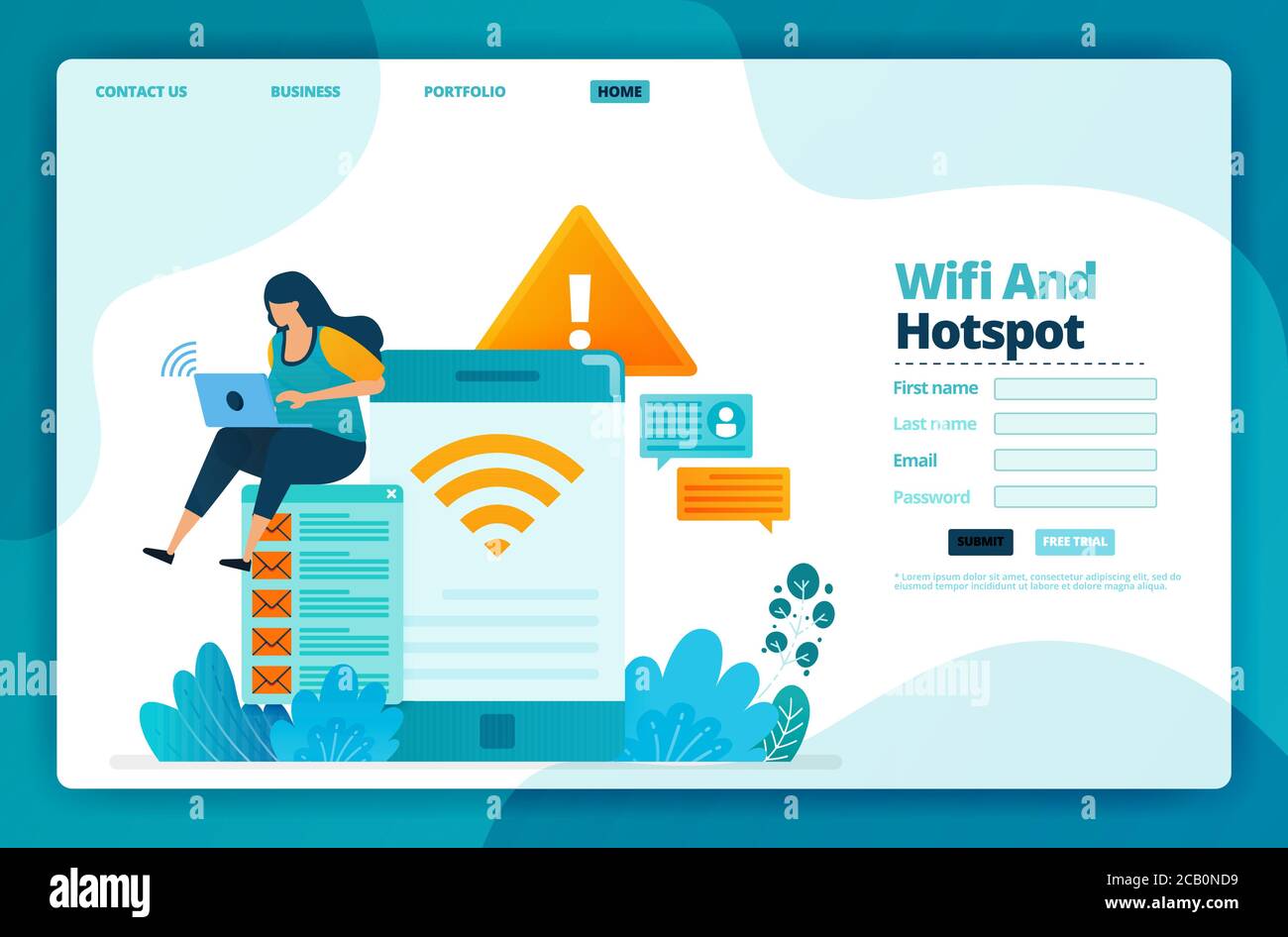 Landing Page Vektor Design von WLAN und Hotspot. Design für Website, Web, Banner, mobile Apps, Poster, Broschüre, Vorlage, Billboard, Willkommensseite, pro Stock Vektor